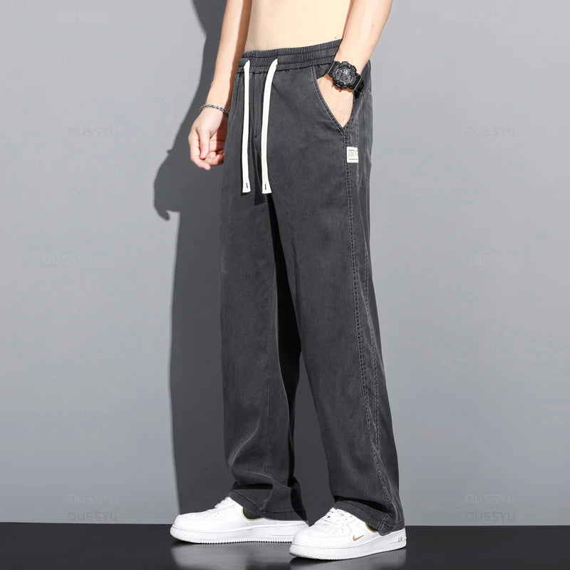 Summer Thin Soft Lyocell Fabric Jeans Men Loose Straight Wide Leg Pants Drawstring Elastic Waist Casual Trousers Plus Size M-5XL OUSSYU Official Store