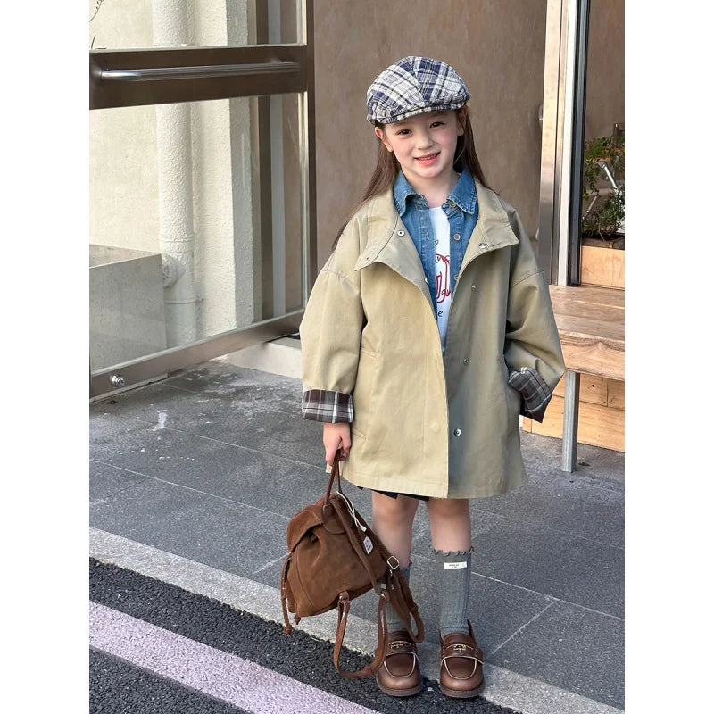 2025Girls' Spring and Autumn New Korean Style Mid-Length High-Quality High-Density Combed Bamboo Twill Cotton Trench Coat2Years Mulambo store