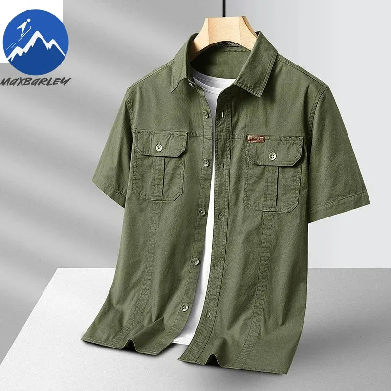 Men's 100% Cotton Work Shirt - Short Sleeve Fishing Climbing Pocket Shirt
