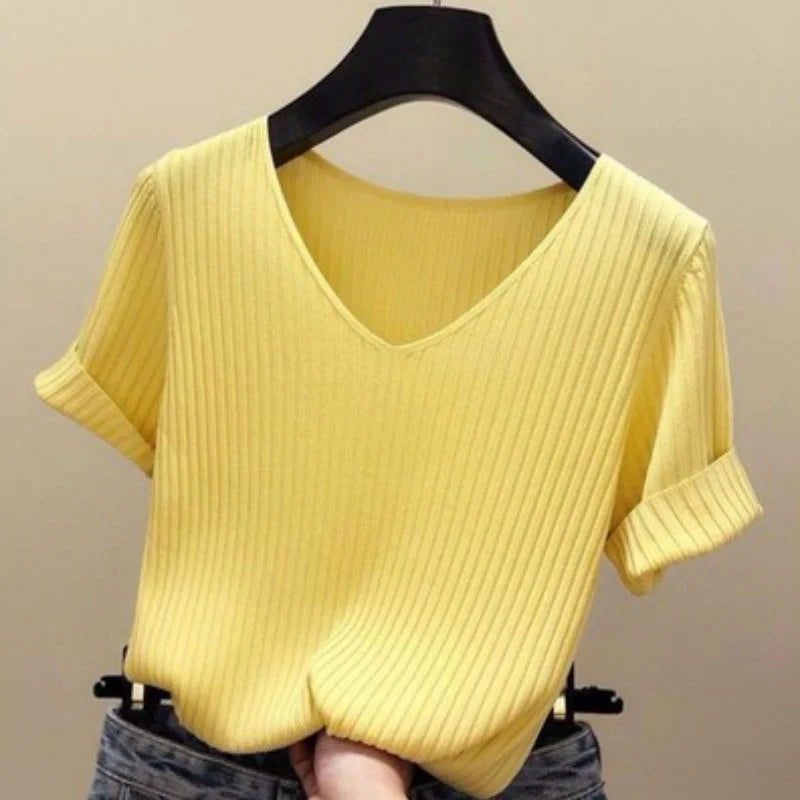 Women's V-Neck Knitted Sweater - Short Sleeve Slim Fit Summer Pullover