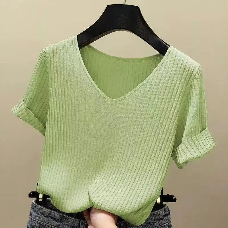 Women's V-Neck Knitted Sweater - Short Sleeve Slim Fit Summer Pullover