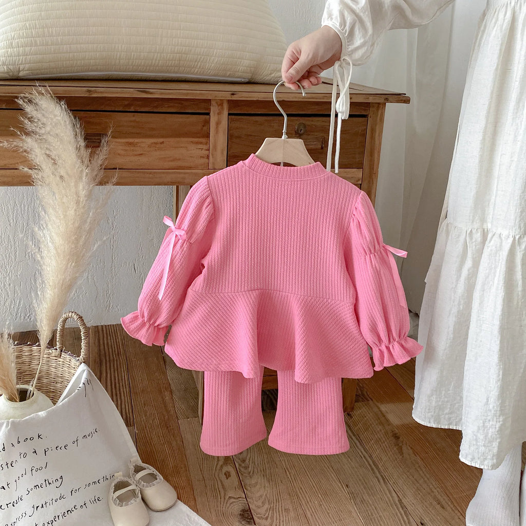 2025 Autumn New Children Long Sleeve Clothes Set Girls Cute Bow Loose Tops + Flared Trousers 2pcs Suit Cotton Kids Girls Outfits Mulambo store