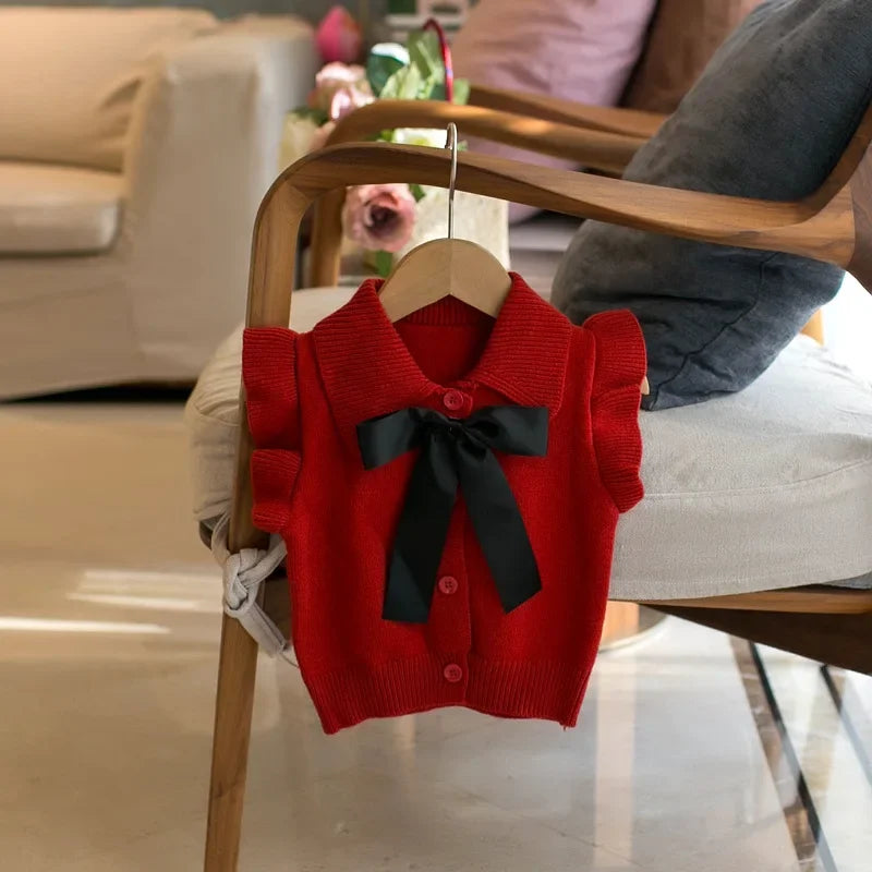 Autumn Girls' Sweater Vest Children'S Clothing Girls' Lapel Cardigan Bow Vest Small Flying Sleeve Cute Knitted Sweater Vest Top Mulambo store