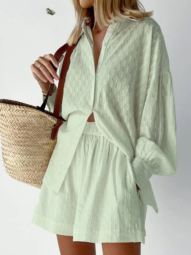 Women's Jacquard Two Piece Set - Puff Sleeve Blouse & Loose Shorts | Summer Outfit