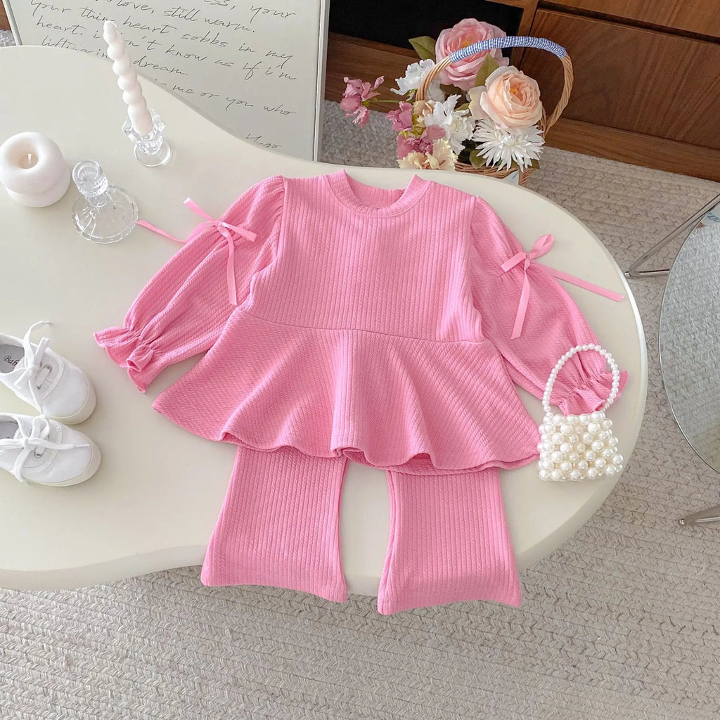 2025 Autumn New Children Long Sleeve Clothes Set Girls Cute Bow Loose Tops + Flared Trousers 2pcs Suit Cotton Kids Girls Outfits Mulambo store