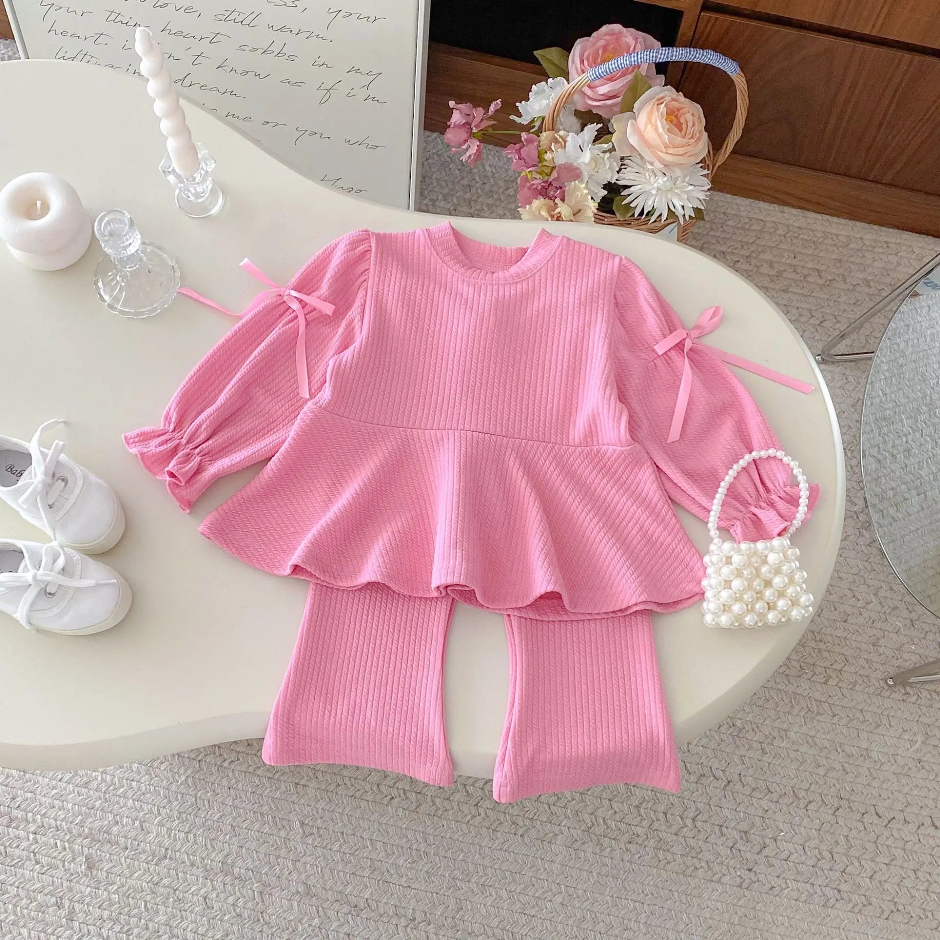 2025 Autumn New Children Long Sleeve Clothes Set Girls Cute Bow Loose Tops + Flared Trousers 2pcs Suit Cotton Kids Girls Outfits Mulambo store