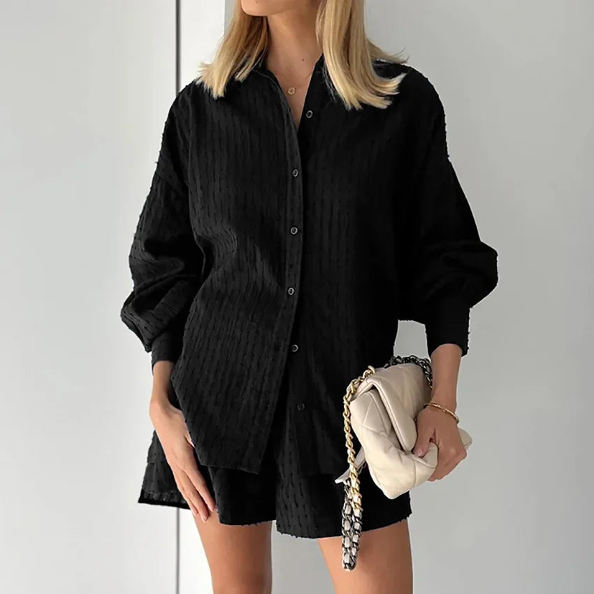Women's Jacquard Two Piece Set - Puff Sleeve Blouse & Loose Shorts | Summer Outfit