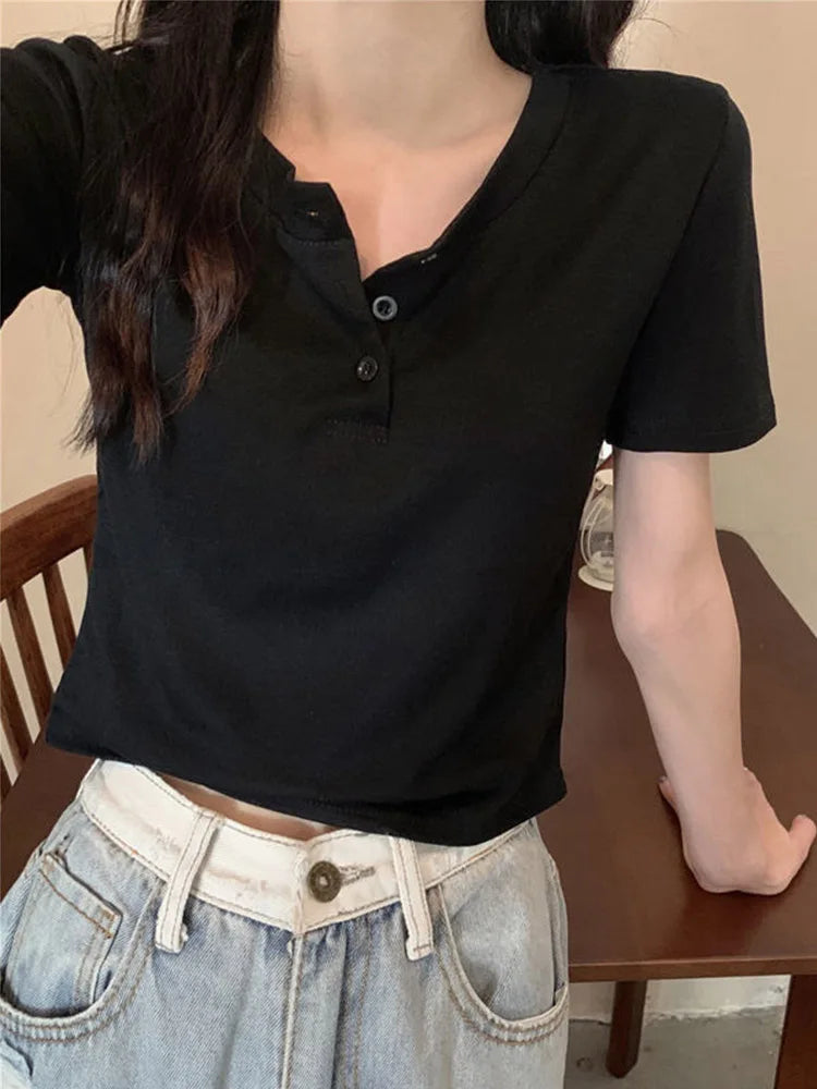 Women's Button Front Crop Top - Short Sleeve Slim Fit White Basic Tee