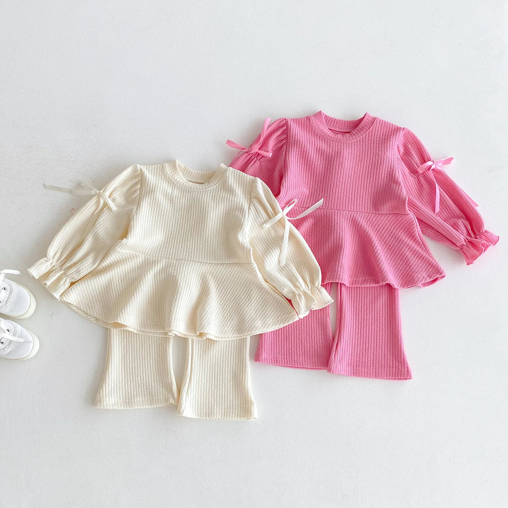 2025 Autumn New Children Long Sleeve Clothes Set Girls Cute Bow Loose Tops + Flared Trousers 2pcs Suit Cotton Kids Girls Outfits Mulambo store