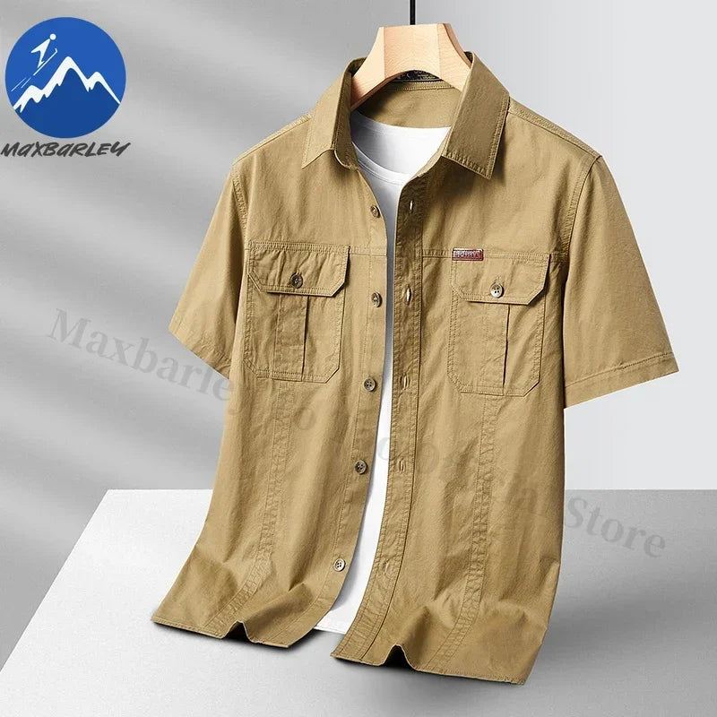 Men's 100% Cotton Work Shirt - Short Sleeve Fishing Climbing Pocket Shirt