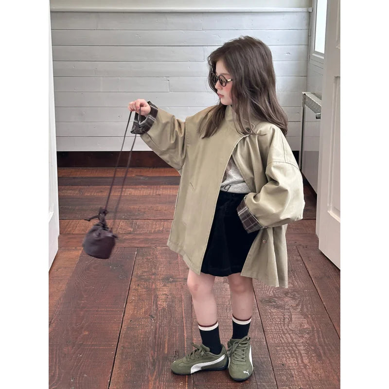 2025Girls' Spring and Autumn New Korean Style Mid-Length High-Quality High-Density Combed Bamboo Twill Cotton Trench Coat2Years Mulambo store