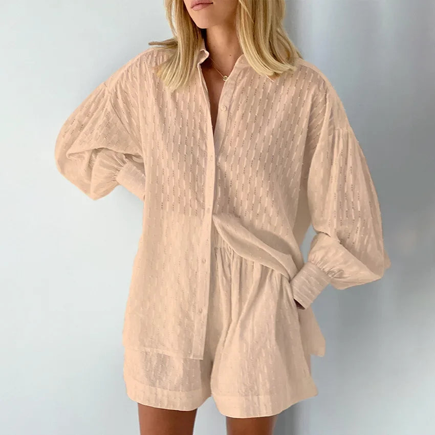 Women's Jacquard Two Piece Set - Puff Sleeve Blouse & Loose Shorts | Summer Outfit