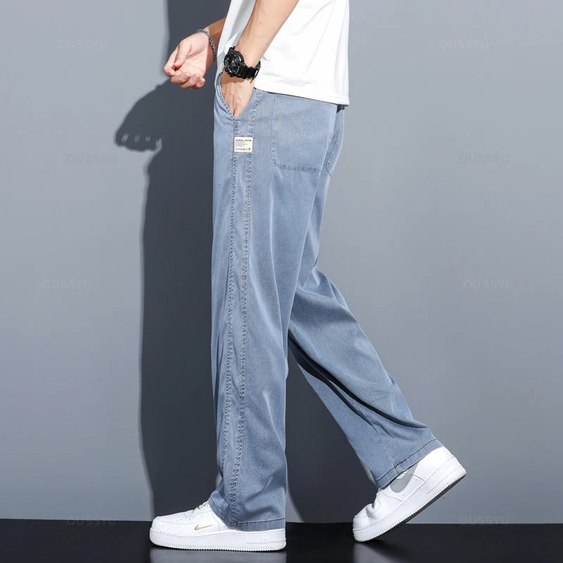 Summer Thin Soft Lyocell Fabric Jeans Men Loose Straight Wide Leg Pants Drawstring Elastic Waist Casual Trousers Plus Size M-5XL OUSSYU Official Store