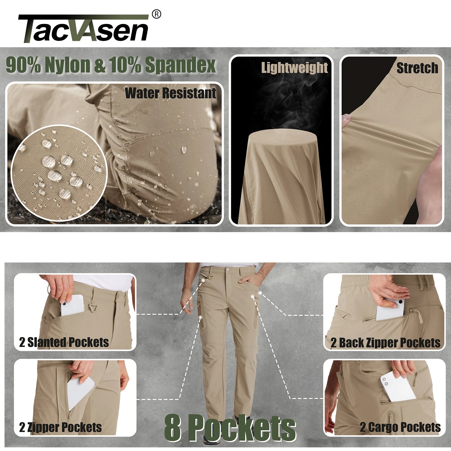 Men's 8-Pocket Cargo Pants Quick Dry - Nylon Water-Resistant Tactical