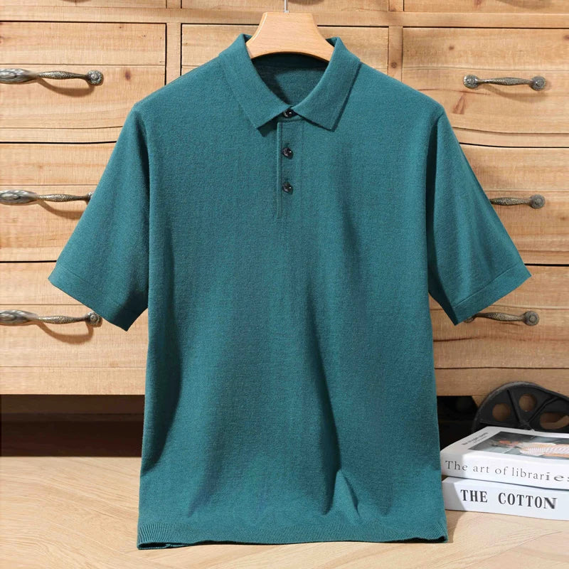 Men's 100% Merino Wool Polo Sweater - Short Sleeve Summer Knit Pullover