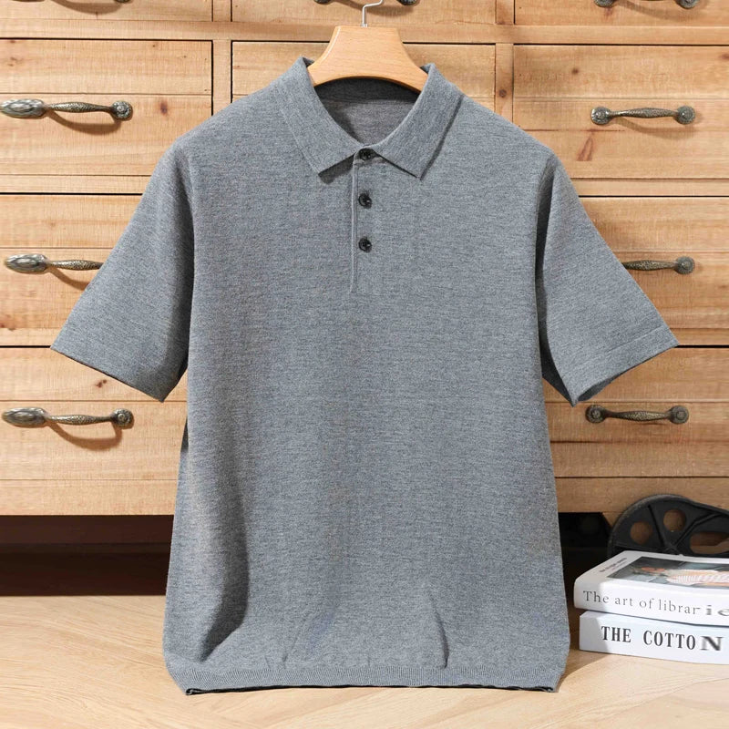 Men's 100% Merino Wool Polo Sweater - Short Sleeve Summer Knit Pullover