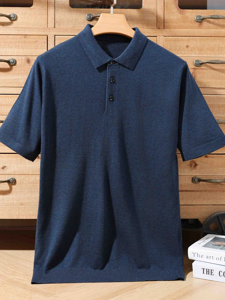 Men's 100% Merino Wool Polo Sweater - Short Sleeve Summer Knit Pullover