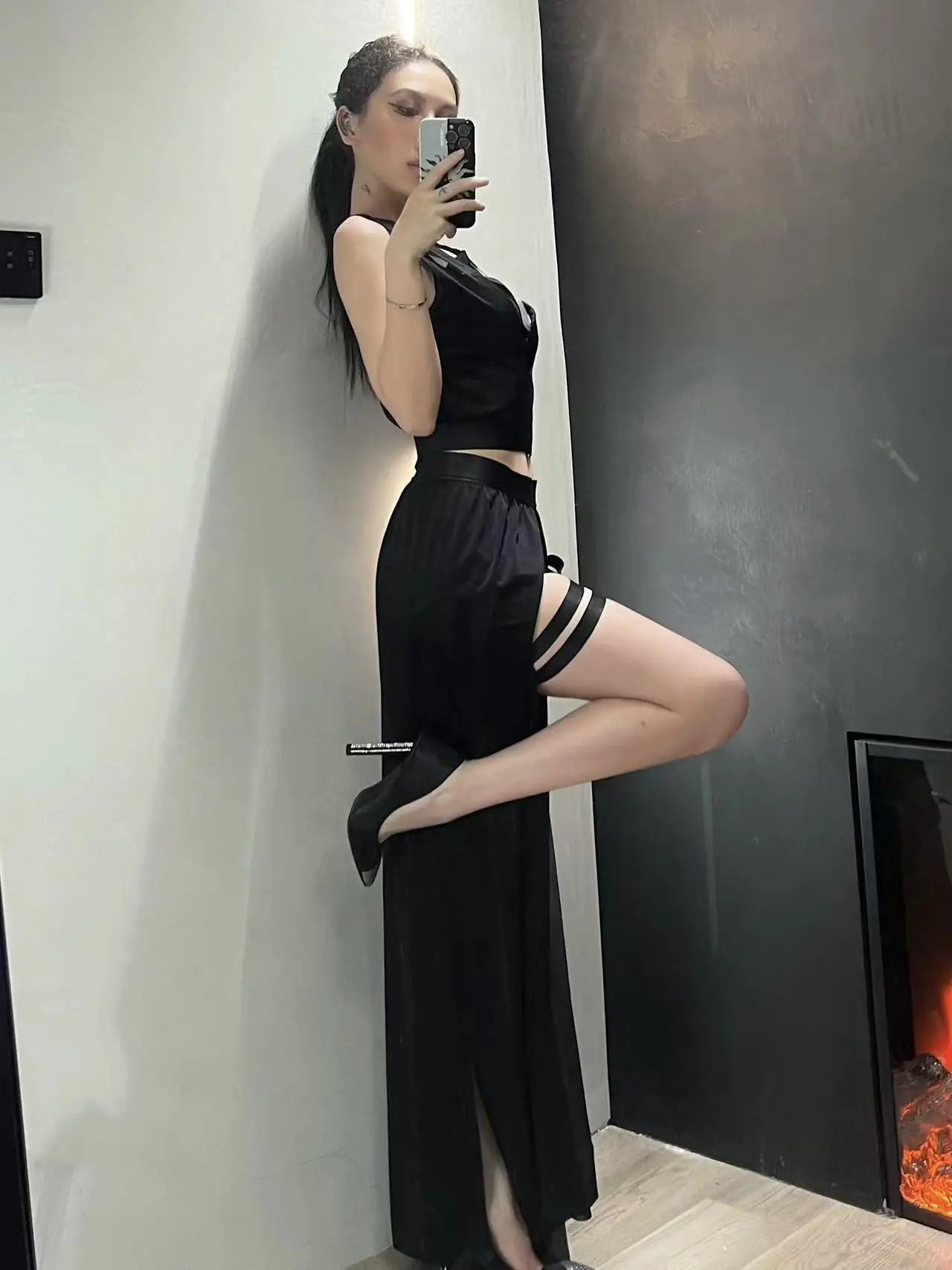 Women's Gothic 4-Piece Mesh Corset Set - Black Club Outfit Crop Top & Skirt