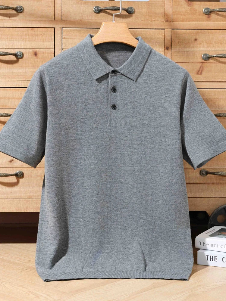 Men's 100% Merino Wool Polo Sweater - Short Sleeve Summer Knit Pullover
