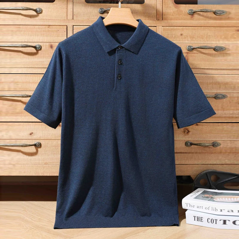 Men's 100% Merino Wool Polo Sweater - Short Sleeve Summer Knit Pullover