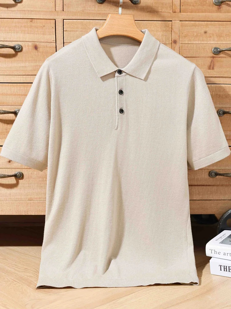 Men's 100% Merino Wool Polo Sweater - Short Sleeve Summer Knit Pullover