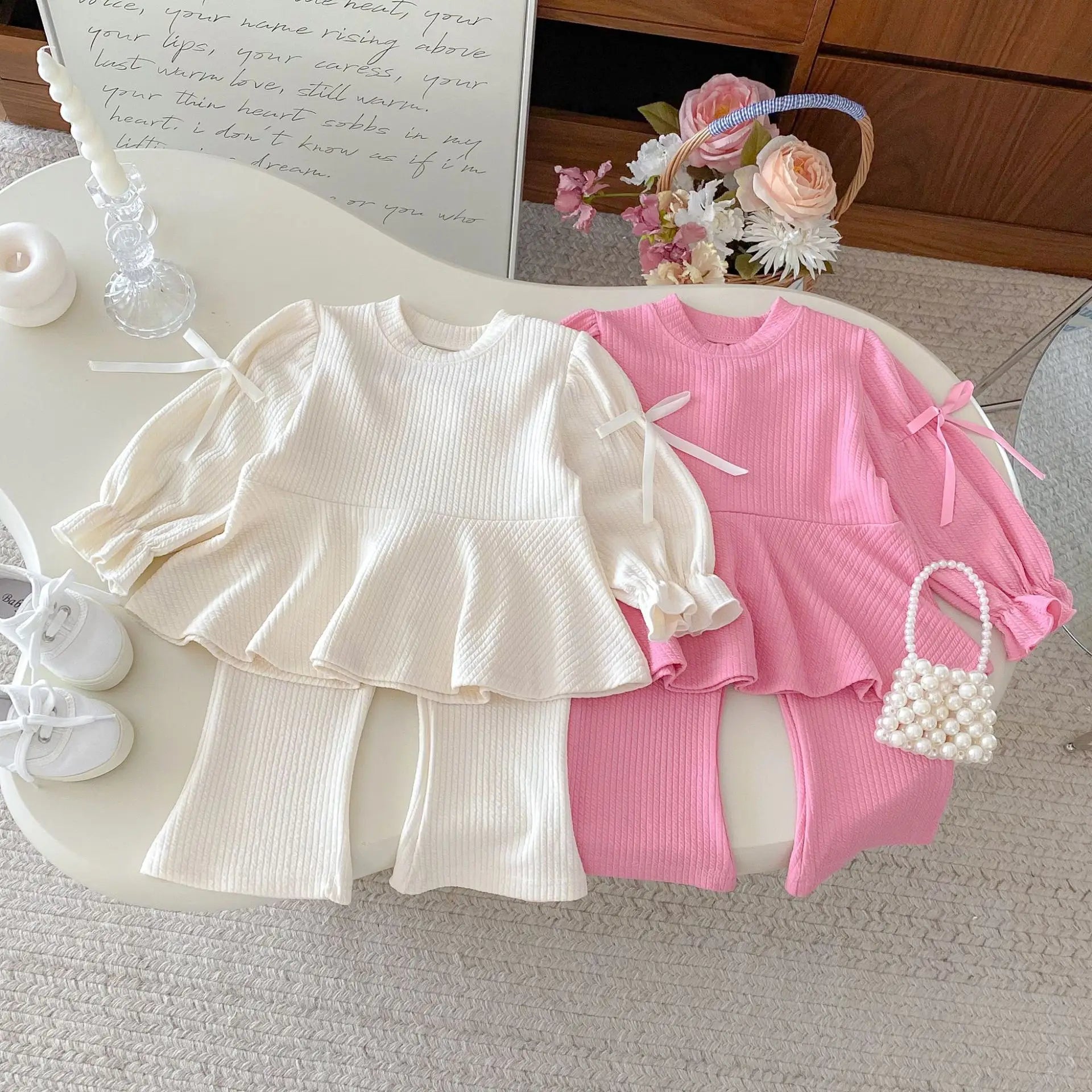 2025 Autumn New Children Long Sleeve Clothes Set Girls Cute Bow Loose Tops + Flared Trousers 2pcs Suit Cotton Kids Girls Outfits Mulambo store