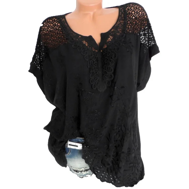 Women's Cotton Lace Blouse - V-Neck Loose Fit Summer Top Plus Size
