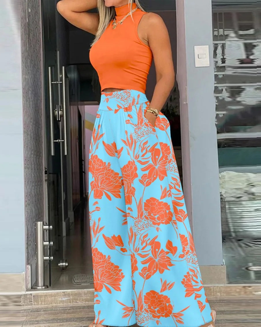 Women's 2-Piece Print Set - Sleeveless Top & Wide Leg Pants Summer 2024
