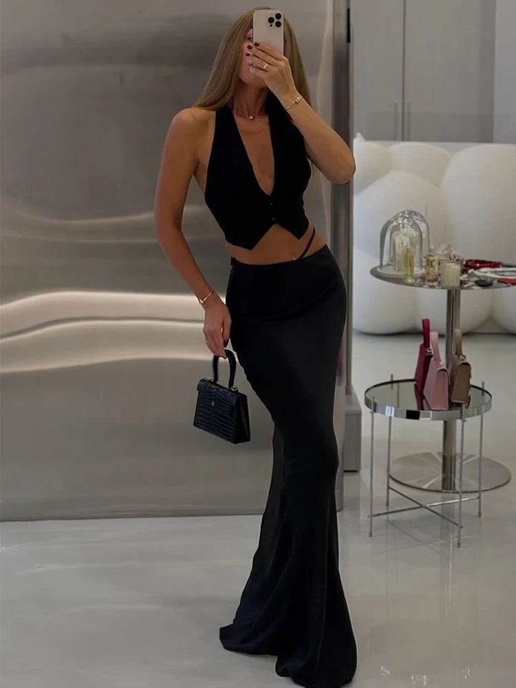 Women's Silk Crop Top & Maxi Skirt Set - 2-Piece Evening Party Outfit