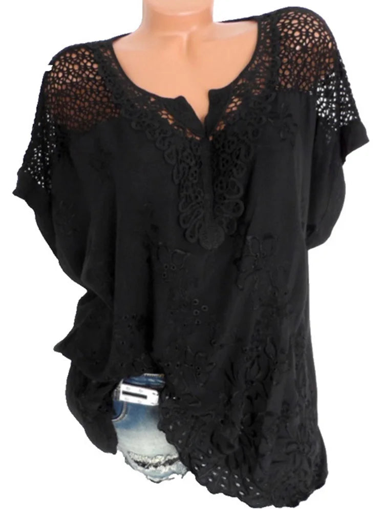 Women's Cotton Lace Blouse - V-Neck Loose Fit Summer Top Plus Size