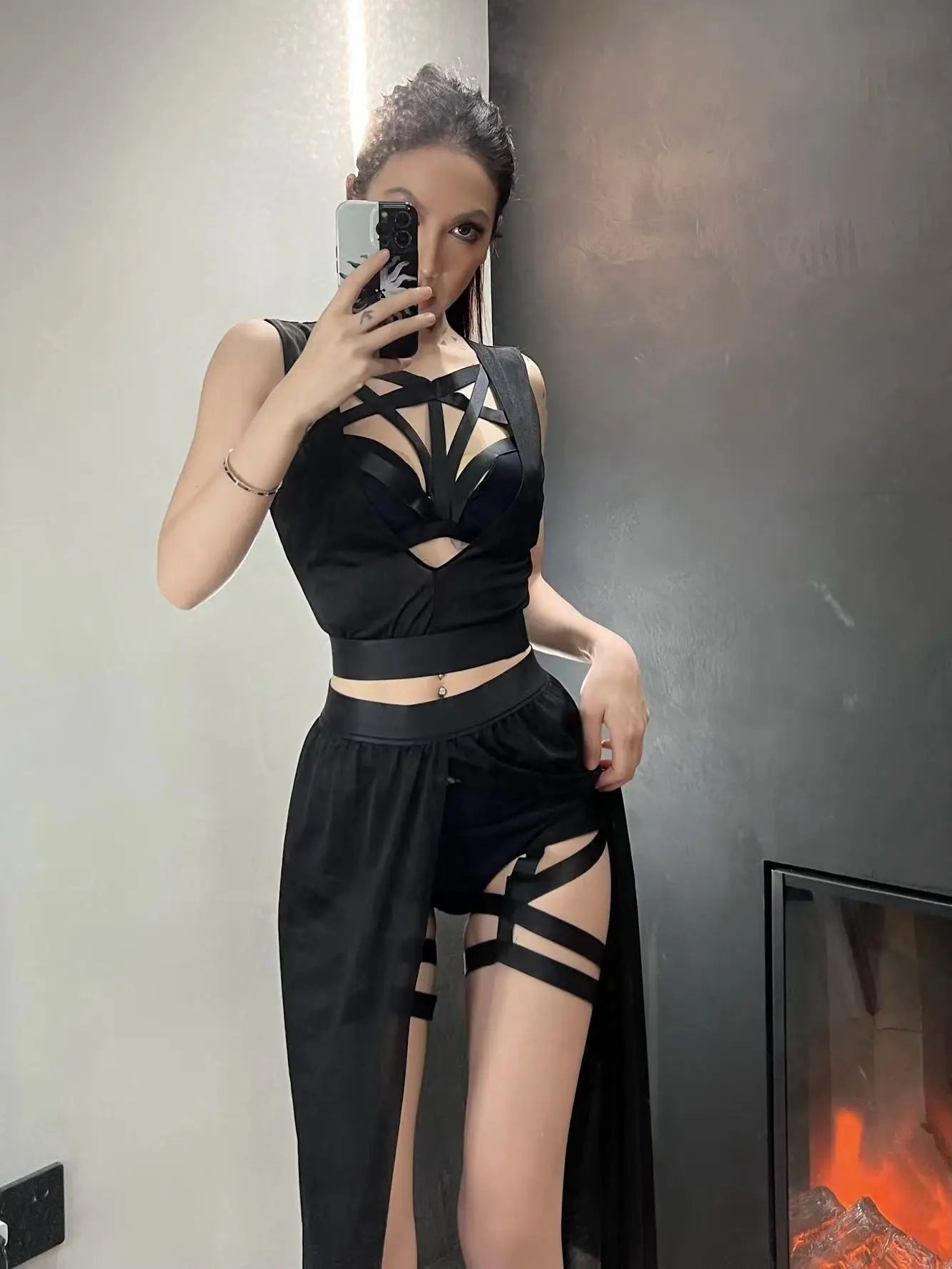 Women's Gothic 4-Piece Mesh Corset Set - Black Club Outfit Crop Top & Skirt