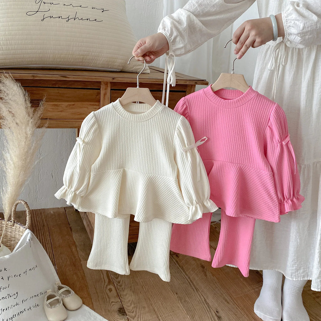 2025 Autumn New Children Long Sleeve Clothes Set Girls Cute Bow Loose Tops + Flared Trousers 2pcs Suit Cotton Kids Girls Outfits Mulambo store