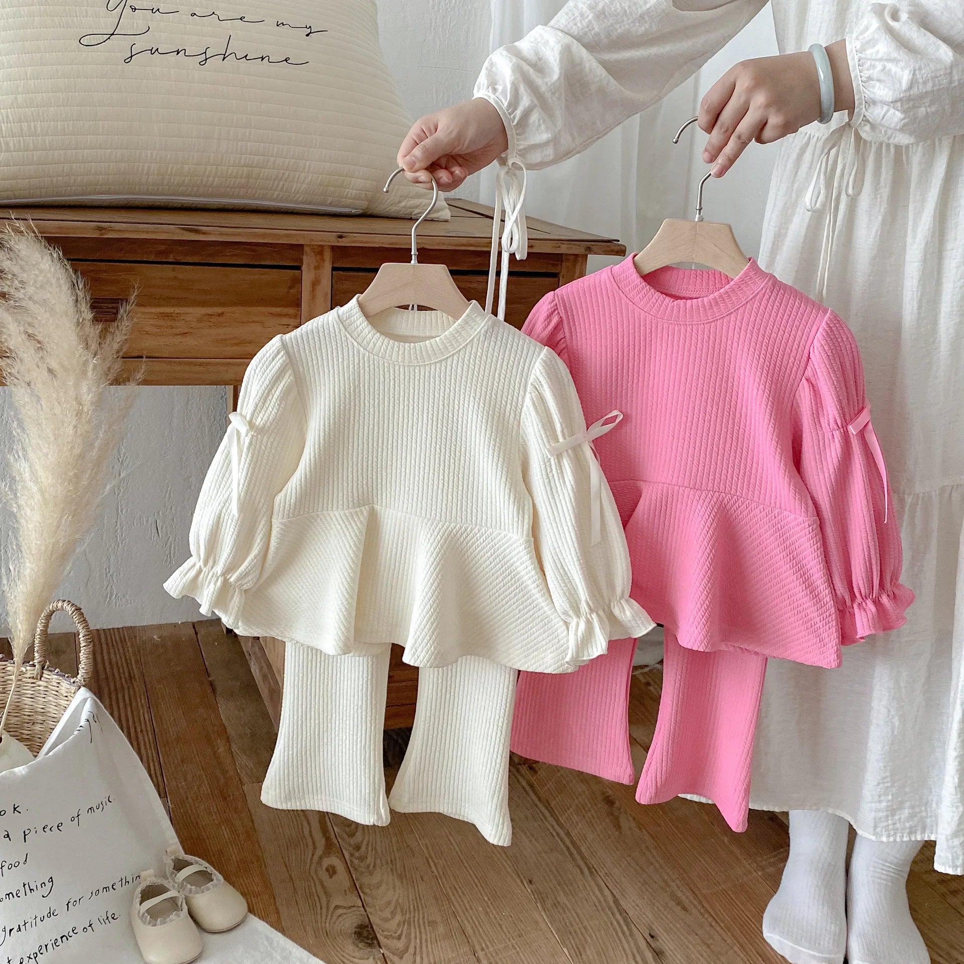 2025 Autumn New Children Long Sleeve Clothes Set Girls Cute Bow Loose Tops + Flared Trousers 2pcs Suit Cotton Kids Girls Outfits Mulambo store