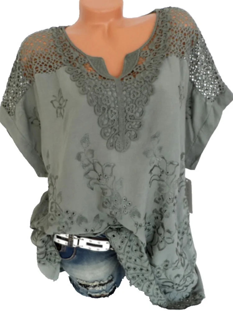 Women's Cotton Lace Blouse - V-Neck Loose Fit Summer Top Plus Size