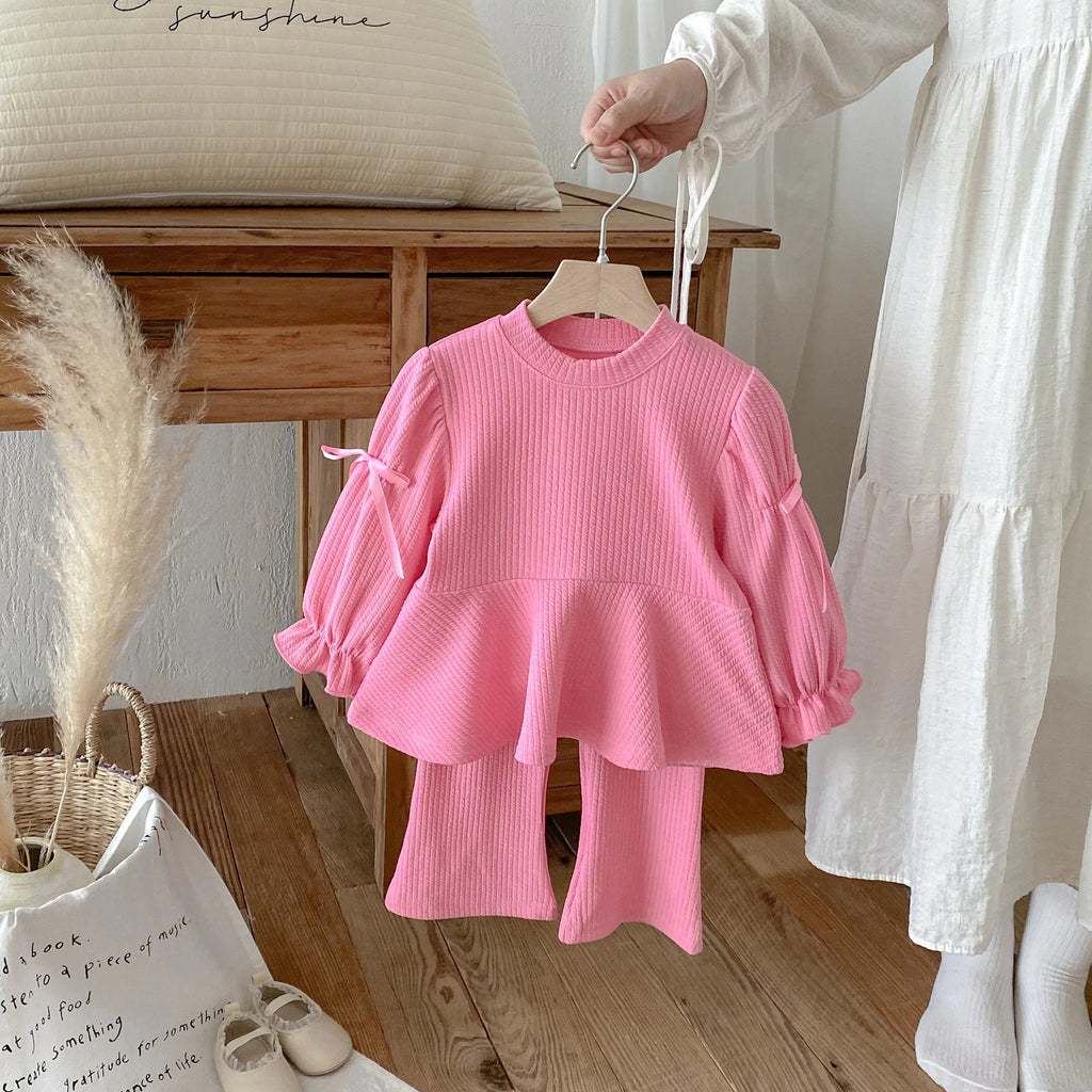 2025 Autumn New Children Long Sleeve Clothes Set Girls Cute Bow Loose Tops + Flared Trousers 2pcs Suit Cotton Kids Girls Outfits Mulambo store
