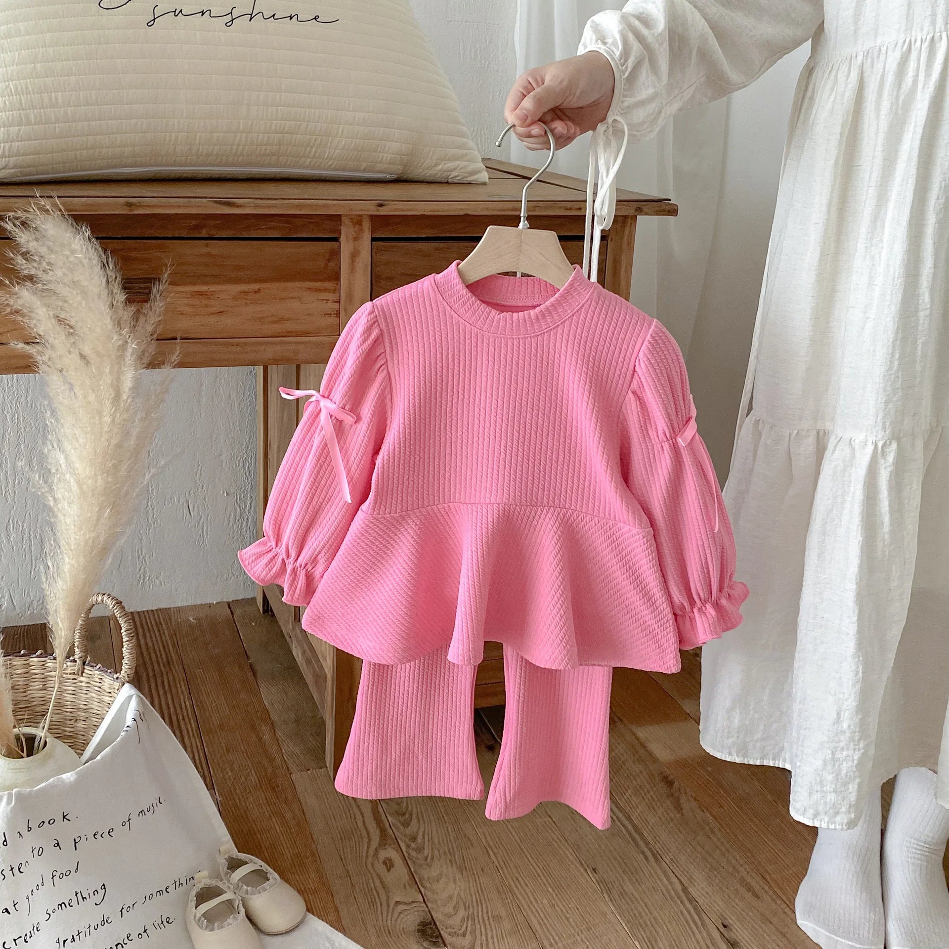 2025 Autumn New Children Long Sleeve Clothes Set Girls Cute Bow Loose Tops + Flared Trousers 2pcs Suit Cotton Kids Girls Outfits Mulambo store