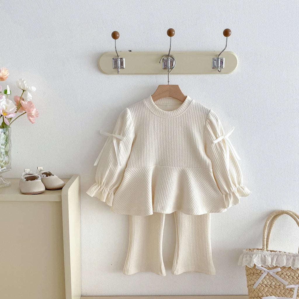 2025 Autumn New Children Long Sleeve Clothes Set Girls Cute Bow Loose Tops + Flared Trousers 2pcs Suit Cotton Kids Girls Outfits Mulambo store
