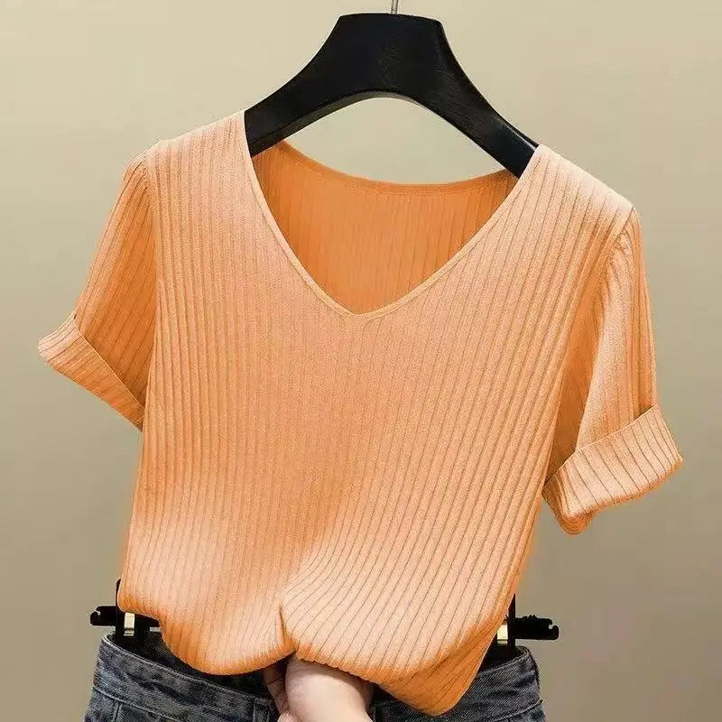 Women's V-Neck Knitted Sweater - Short Sleeve Slim Fit Summer Pullover