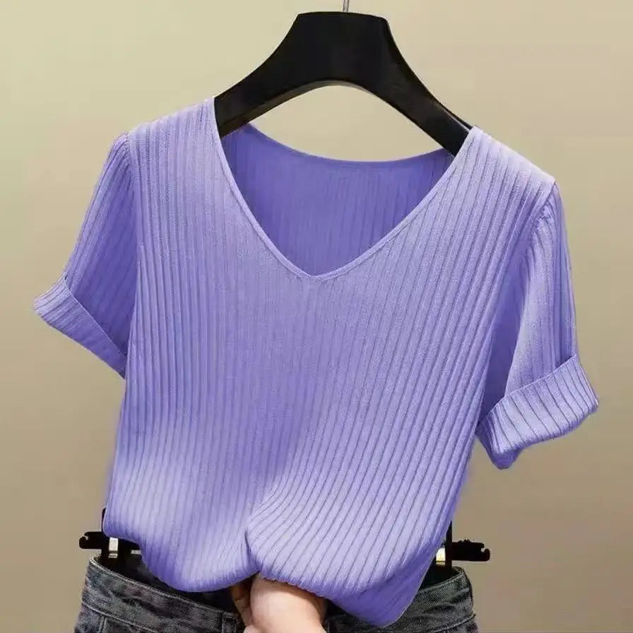 Women's V-Neck Knitted Sweater - Short Sleeve Slim Fit Summer Pullover
