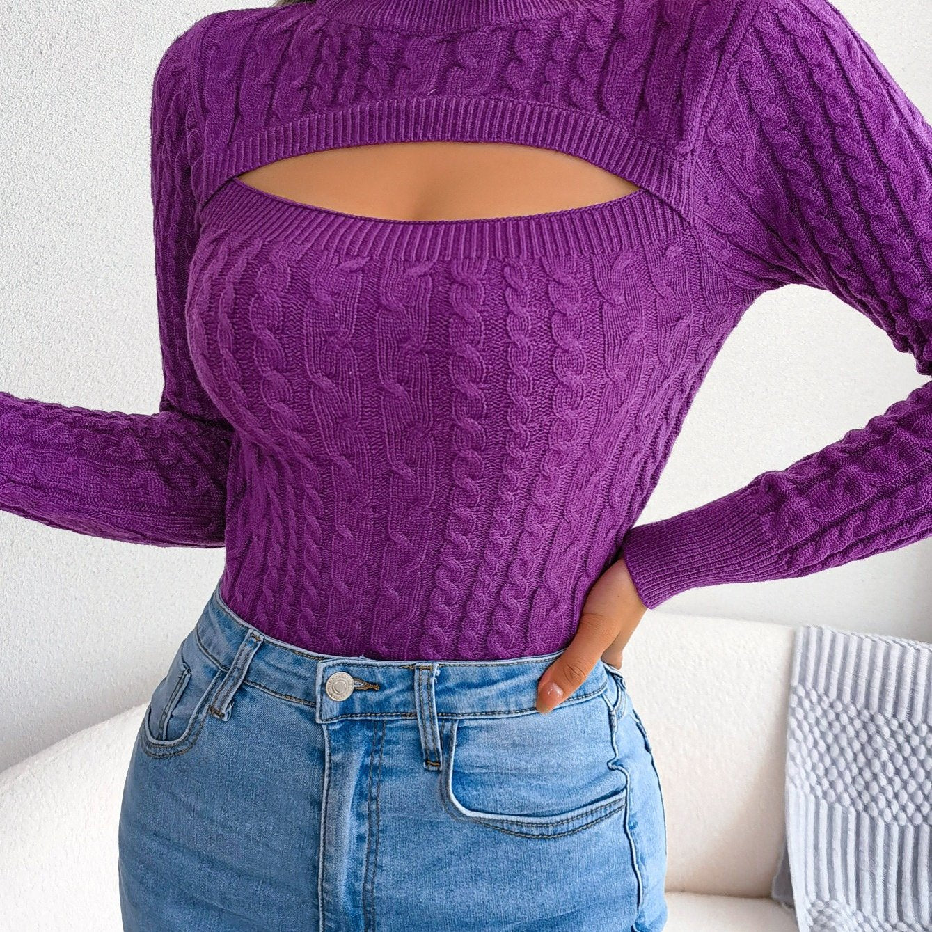 Women'S Sexy Hollow-Out Knit Pullover Sweater, Long Sleeve Crew Neck, Skinny Fit, Acrylic Blend (Polyester 28%, Polyamide 22%, Viscose 28%), High Stretch Fabric, Solid Color, Spring/Fall Fashion Top Mulambo store