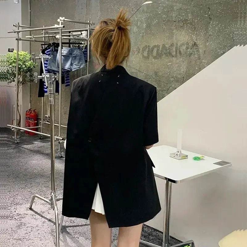 Summer Women Back Split Hem Black Blazers Notched Collar Short Sleeve Single-breasted Female Suit Jacket Casual Chaqueta Mujer - Mulambo store