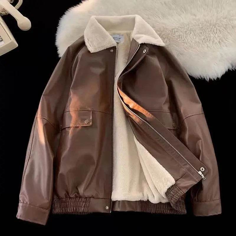 Thick Faux Lamb Pu Leather Jacket Women Y2K Streetwear Loose Lapel Motorcycle Coats Bf American Retro Warm Bomber Outwear New - Mulambo store