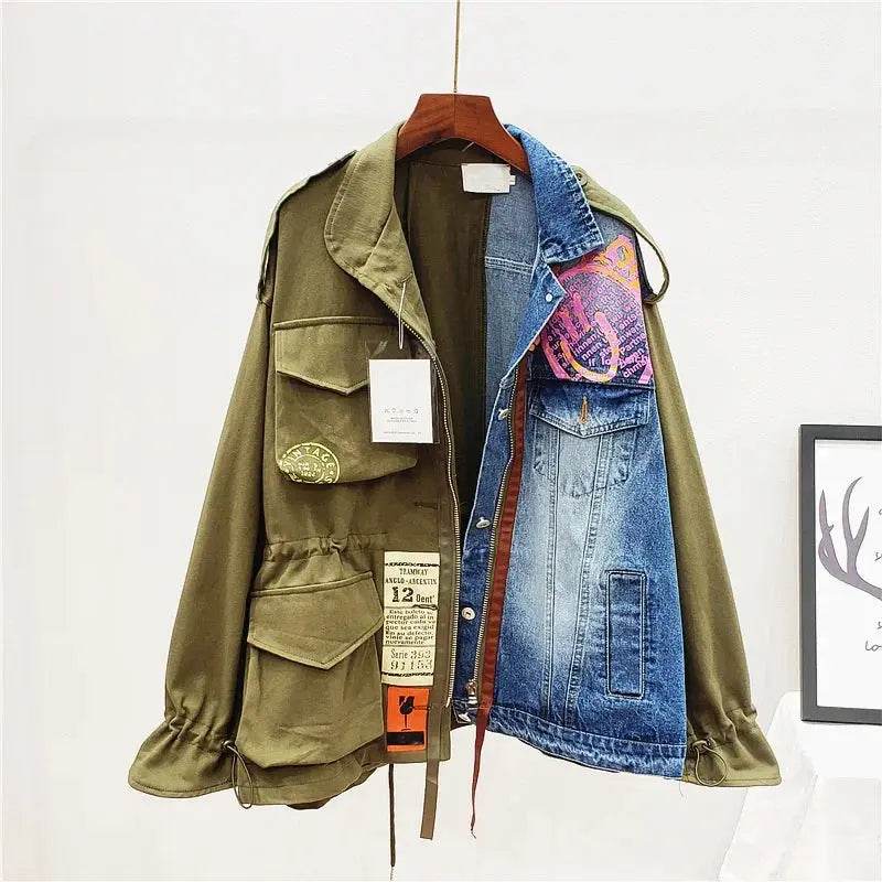 Color Contrast Patchwork Denim Jacket Coat Women Autumn Fashion Loose Letter Print Outerwear Chaquetas Mujer Jeans Jacket Female - Mulambo store