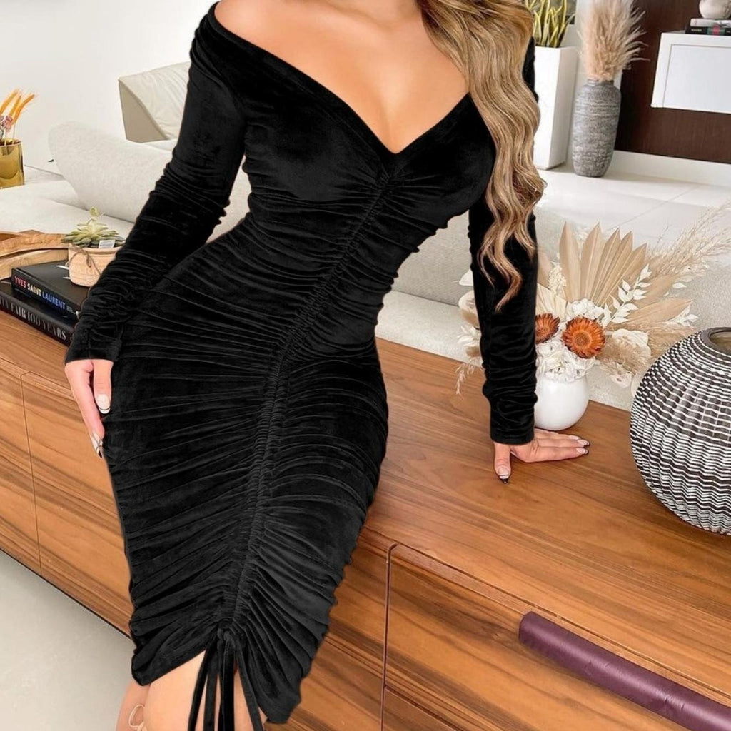 Women's Dresses V Neck Off The Shoulder Velvet Ruched Mid-length Dresses Mulambo store