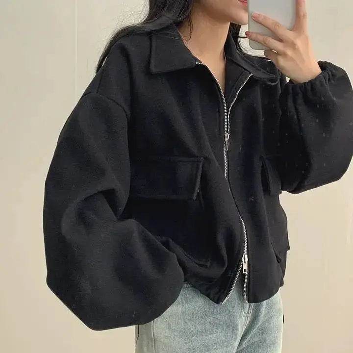 Green Suede Zipper Lapel Short Bomber Jacket Spring Fashion High Street Full Sleeve Casual Outerwear 2025 Loose Fit Cropped Coat - Mulambo store