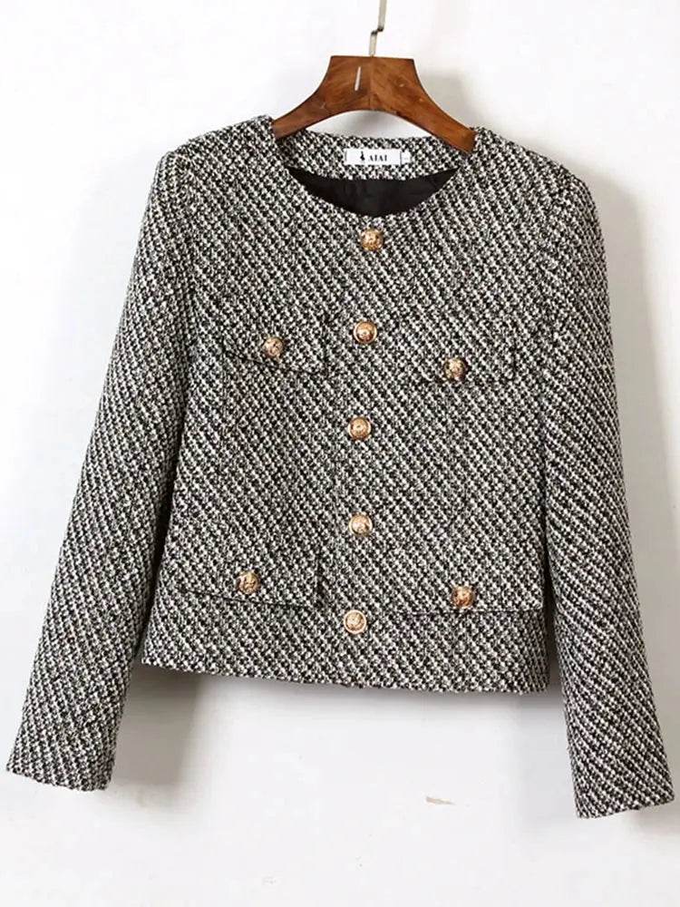 Autumn Winter Small Fragrant Tweed Jacket Coat Women Vintage Woolen Short Coats Streetwear Elegant Casual Slim Outwear Crop Top - Mulambo store