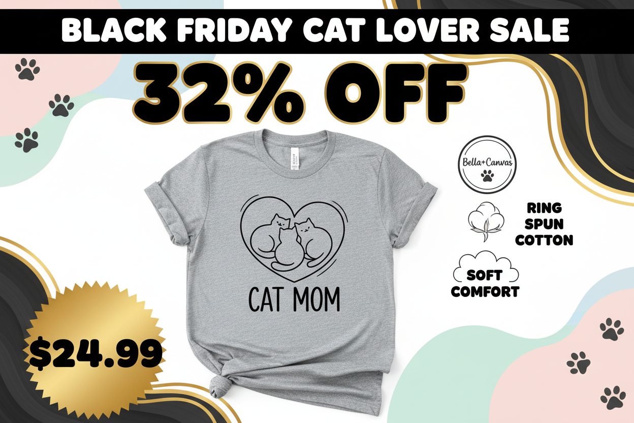Black Friday promotional banner for Cat Mom Bella Canvas t-shirt