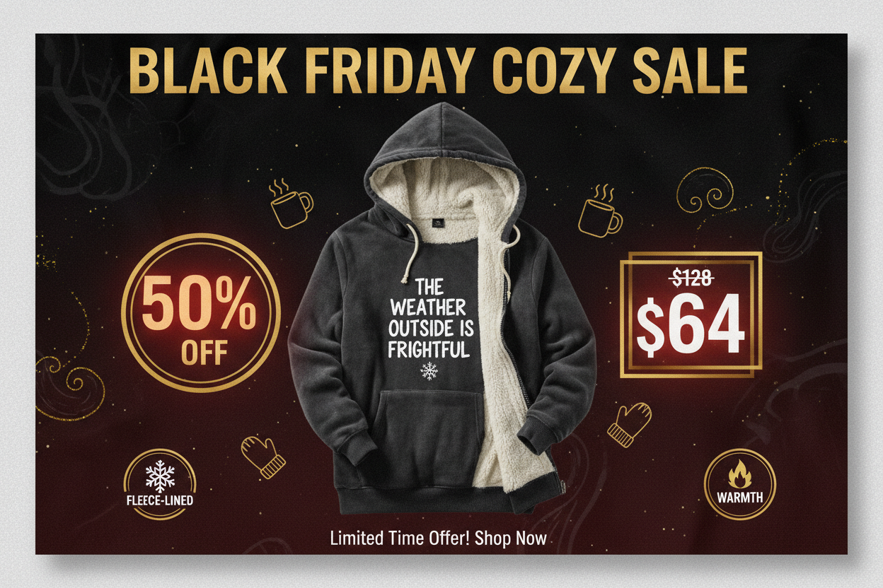 Black Friday promotional banner for cozy fleece-lined winter hoodie