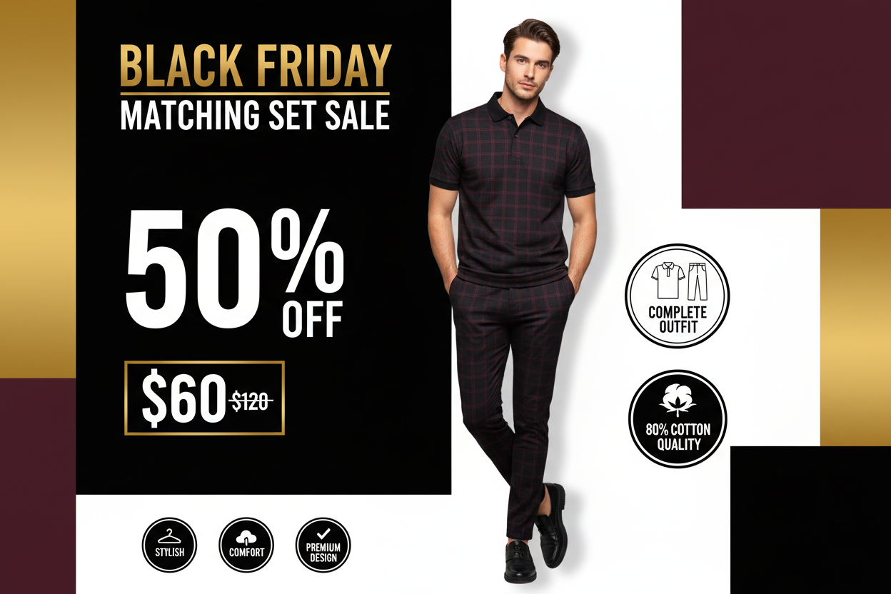 Black Friday promotional banner for men's checkered polo and pant set