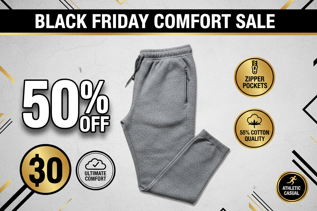 Black Friday promotional banner for men's heathered cotton sweatpants
